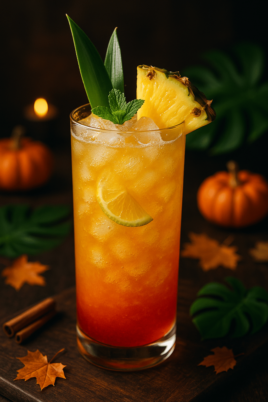 Cocktail tropical avec décorations d'automne.