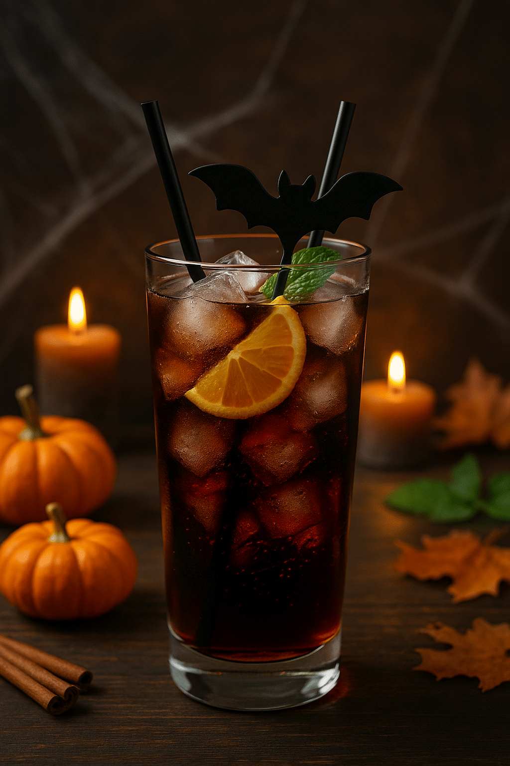 Cocktail Halloween avec tranche d'orange et chauve-souris.