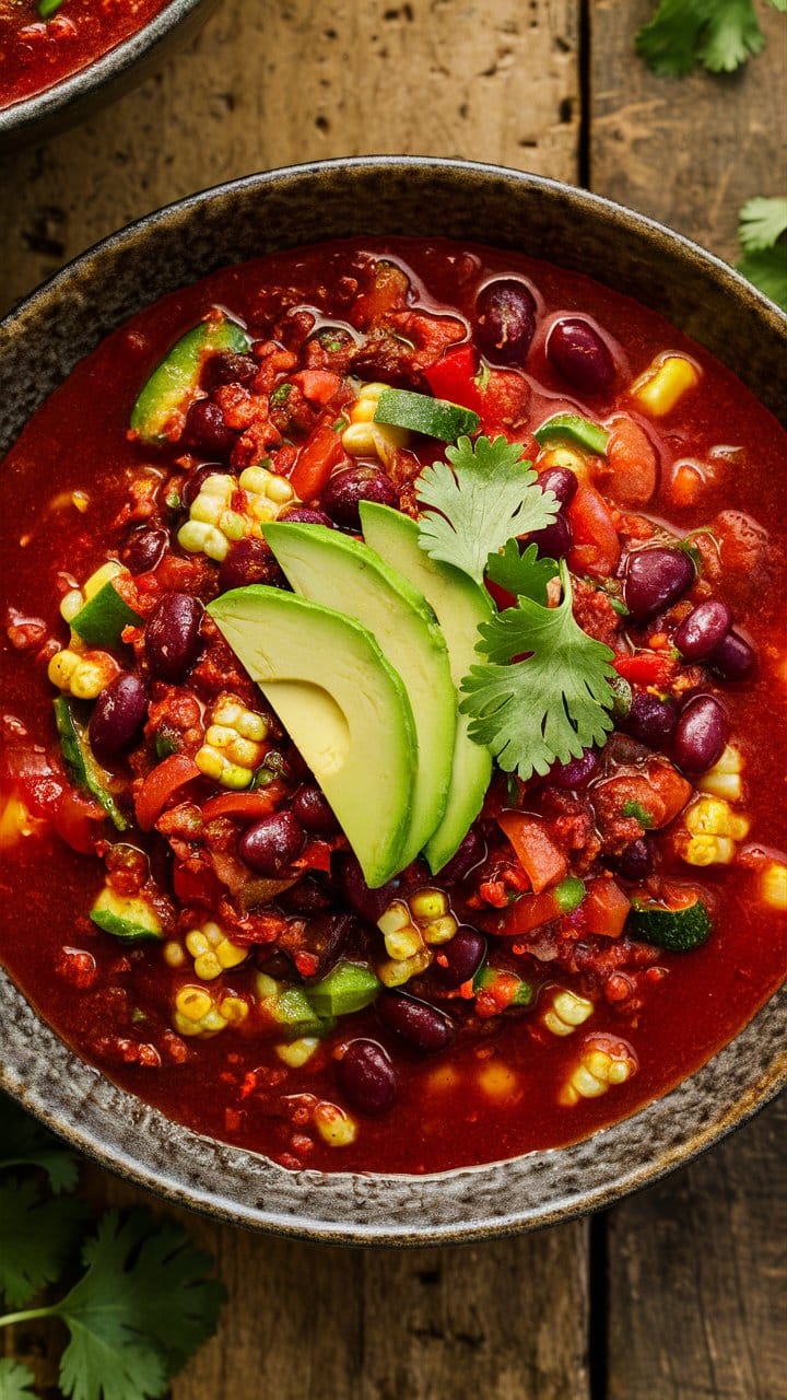Bol de chili végétarien avec avocat et coriandre