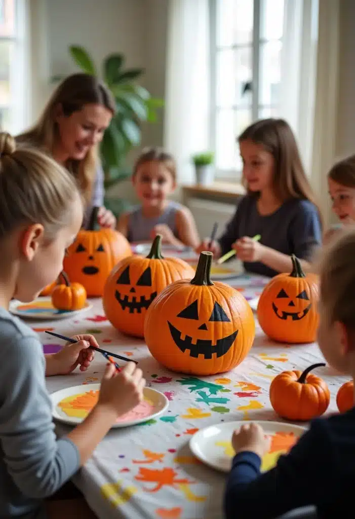 Enfants décorent des citrouilles d'Halloween ensemble.