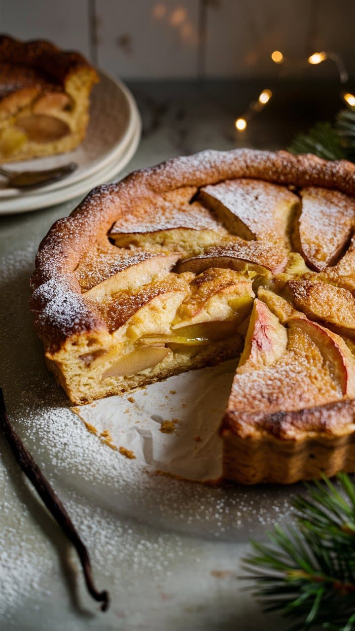 Tarte aux pommes saupoudrée de sucre glace.