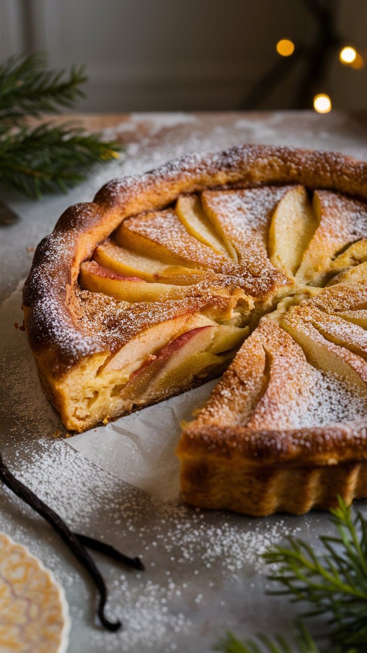 Tarte aux pommes dorée avec sucre glace.