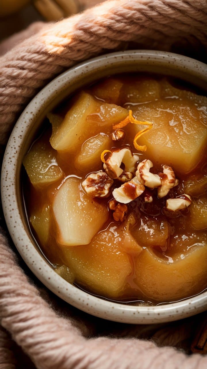Compote de pommes et noix dans un bol.