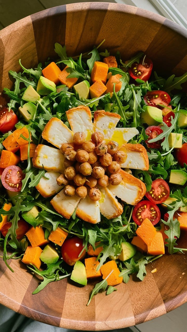 Salade colorée avec légumes et fromage grillé.