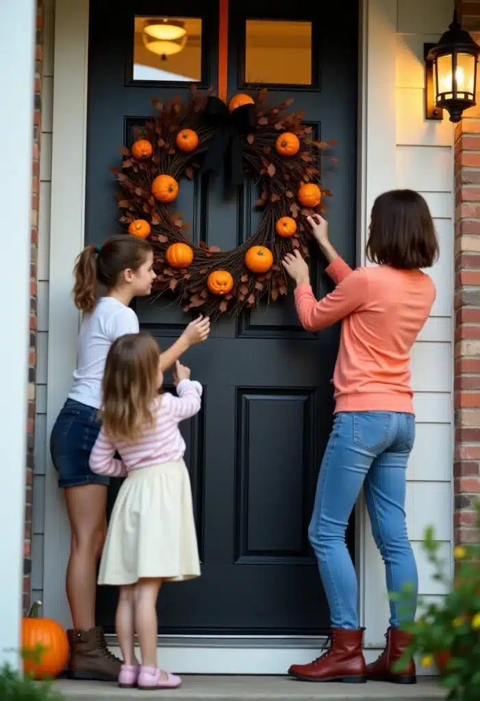 Famille décorant porte pour Halloween avec couronne citrouilles.