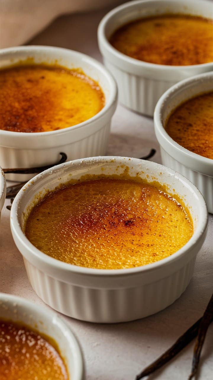 Crème brûlée dans des ramequins blancs.