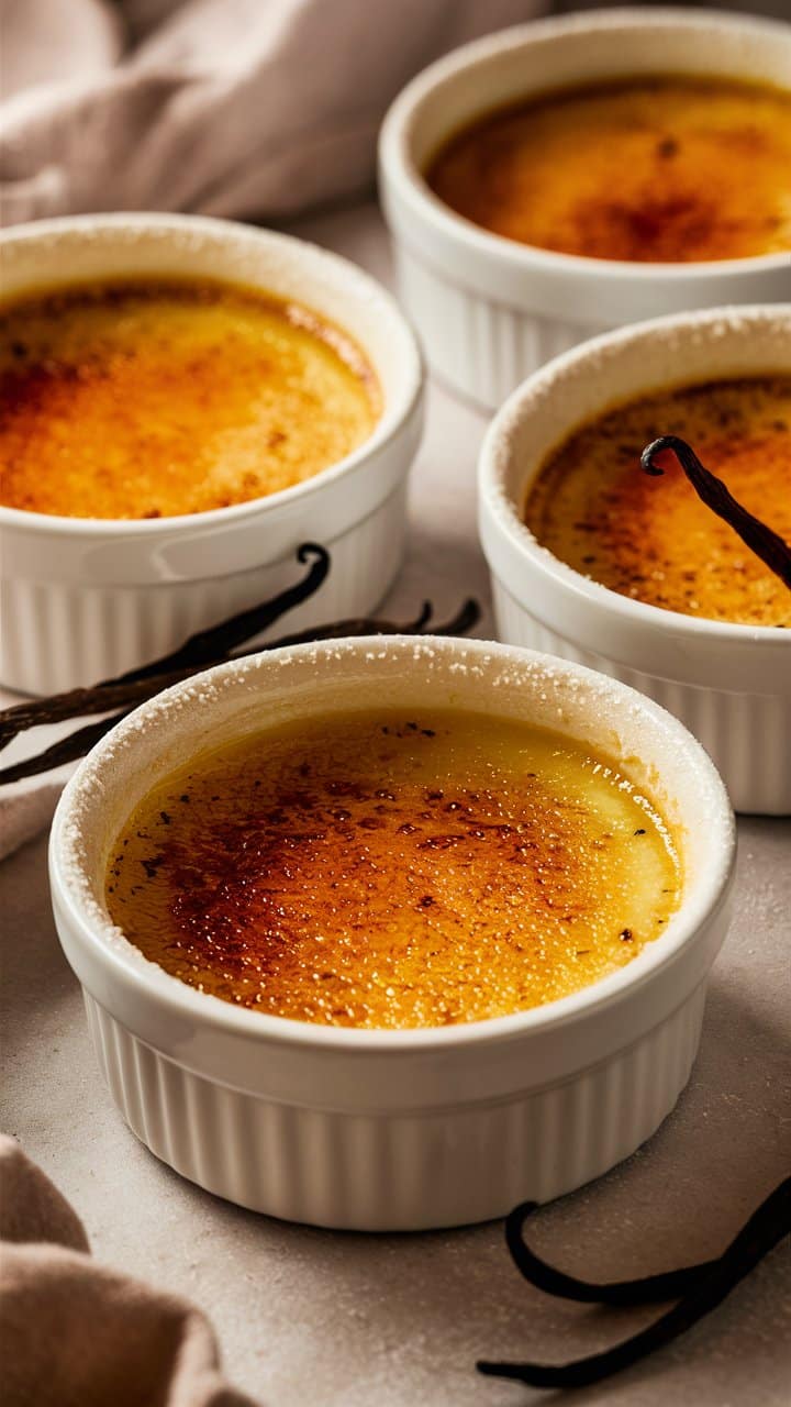 Quatre crèmes brûlées à la vanille dorées.