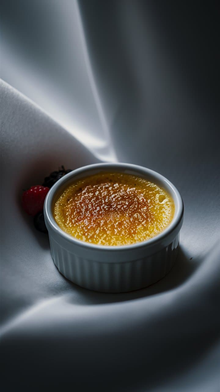 Crème brûlée avec fruits rouges en décor.