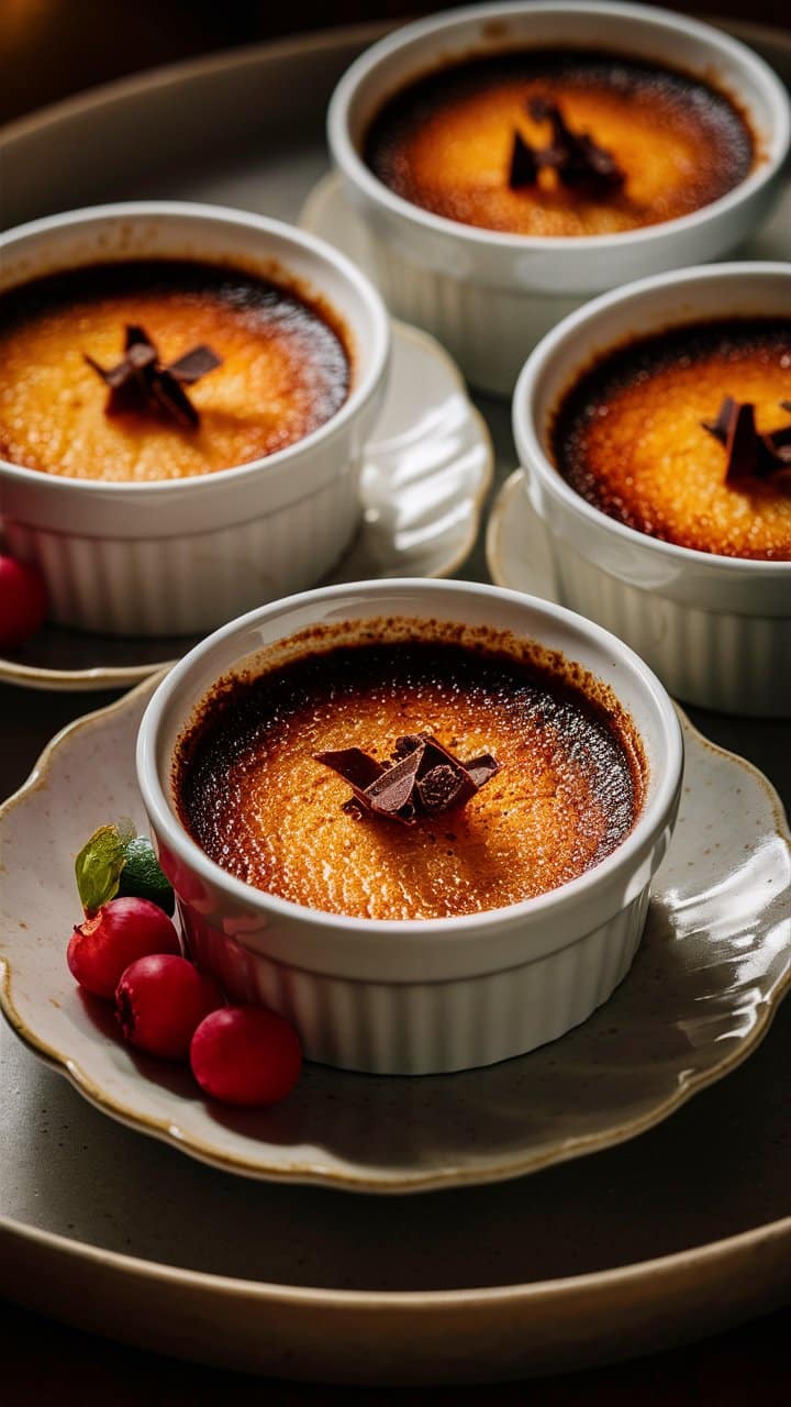 Crèmes brûlées décorées de chocolat.