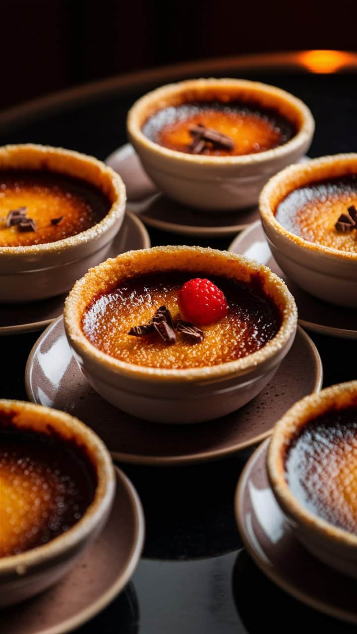 Crème brûlée avec framboise et chocolat.
