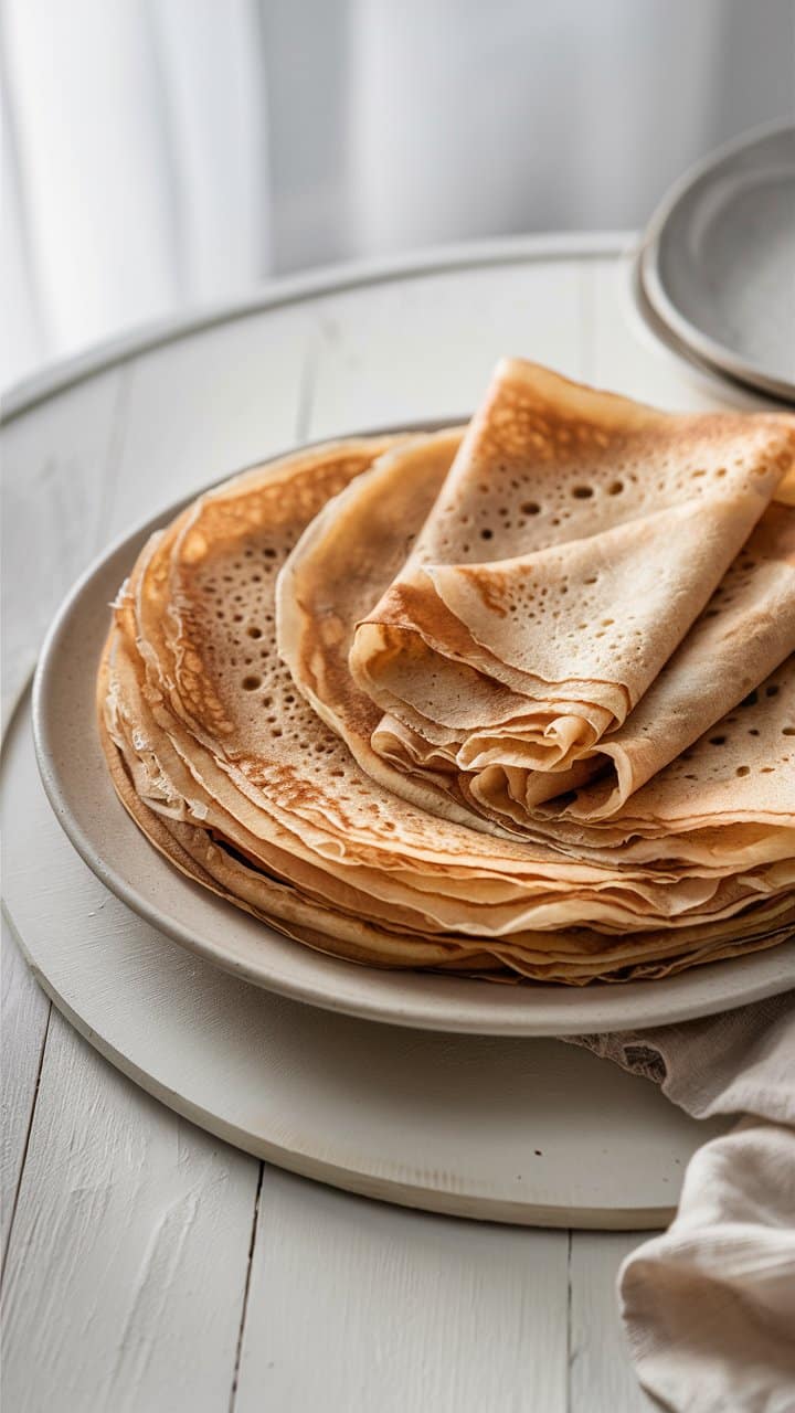 Assiette de crêpes empilées sur table.
