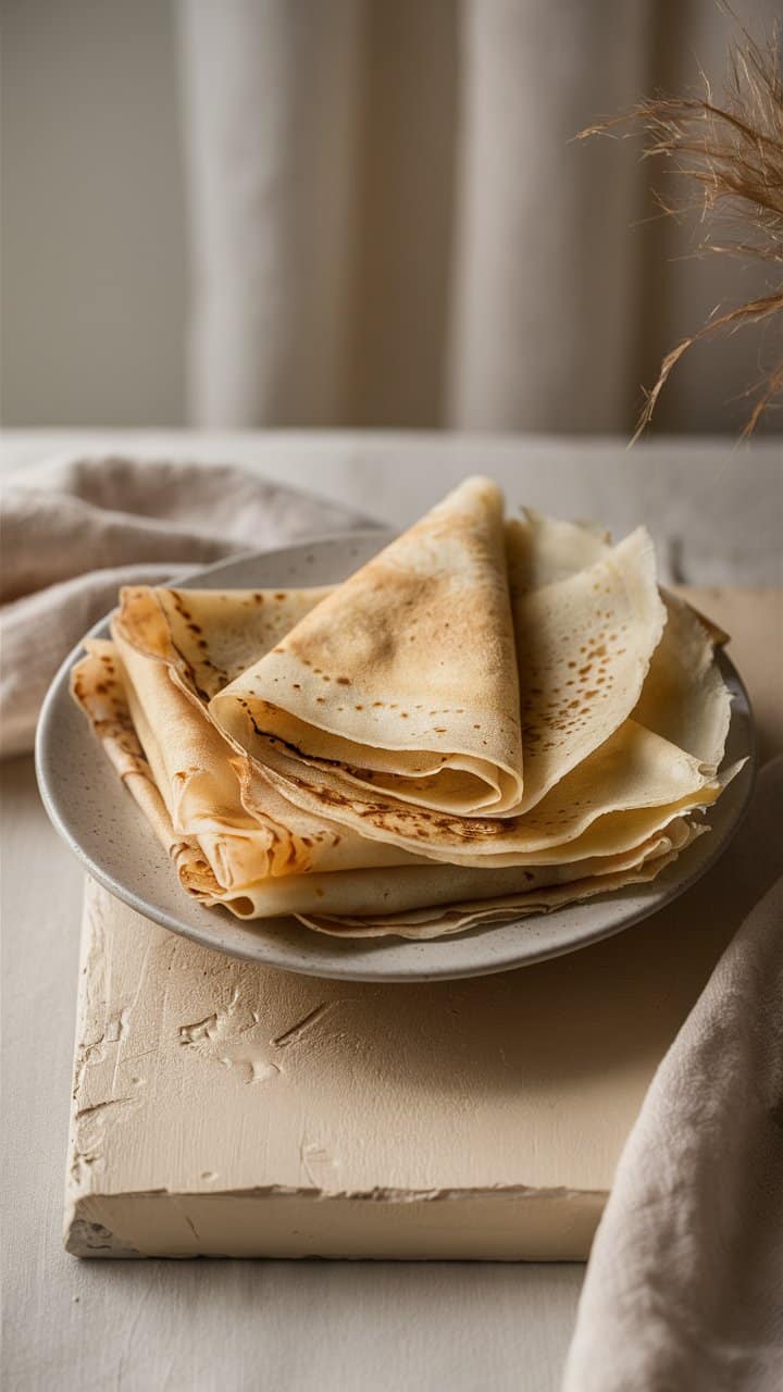 Assiette de crêpes empilées sur la table.