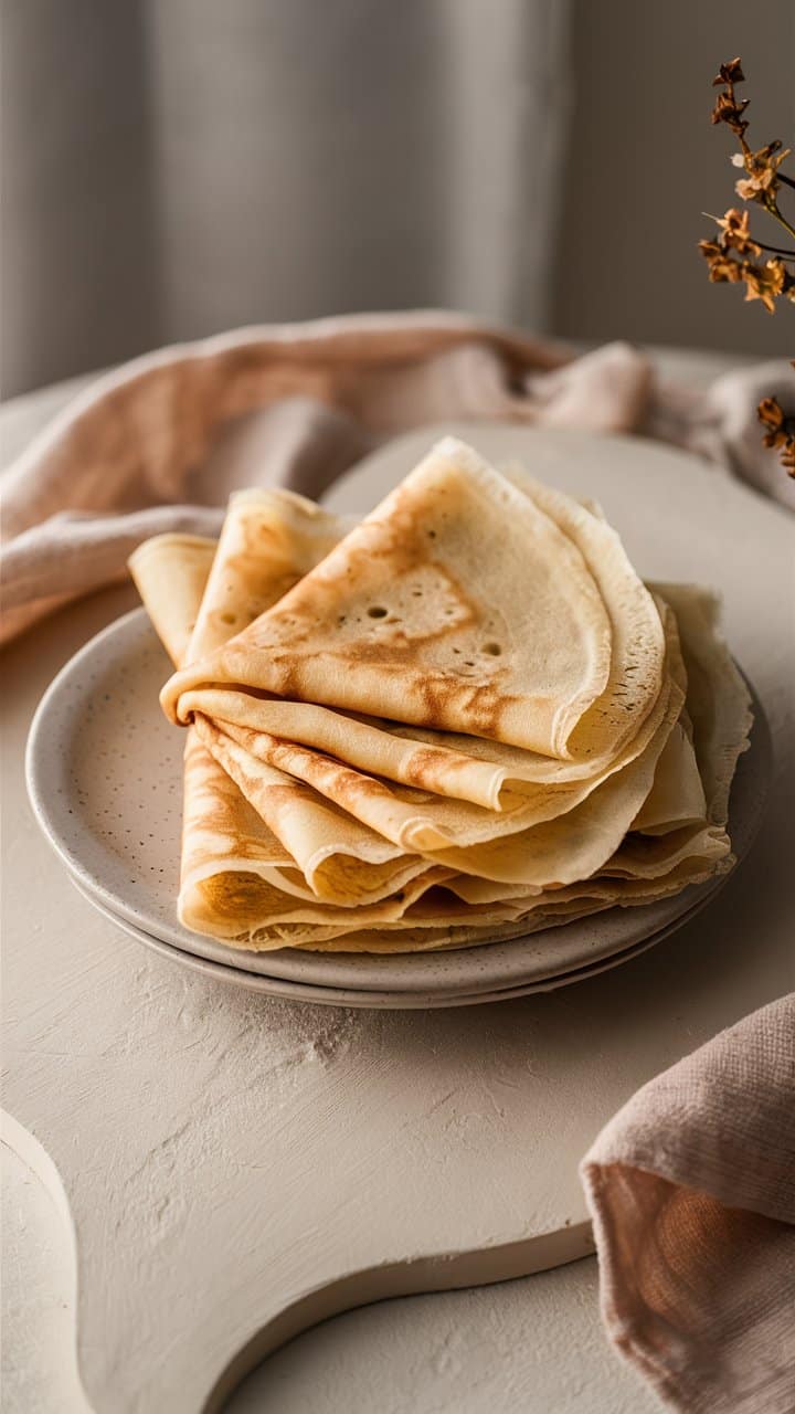 Crêpes empilées sur une assiette blanche.