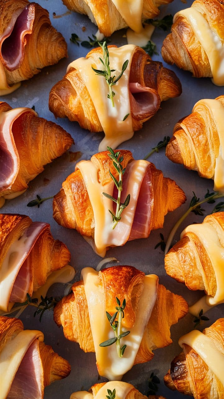 Croissants garnis de jambon, fromage et herbes fraîches.