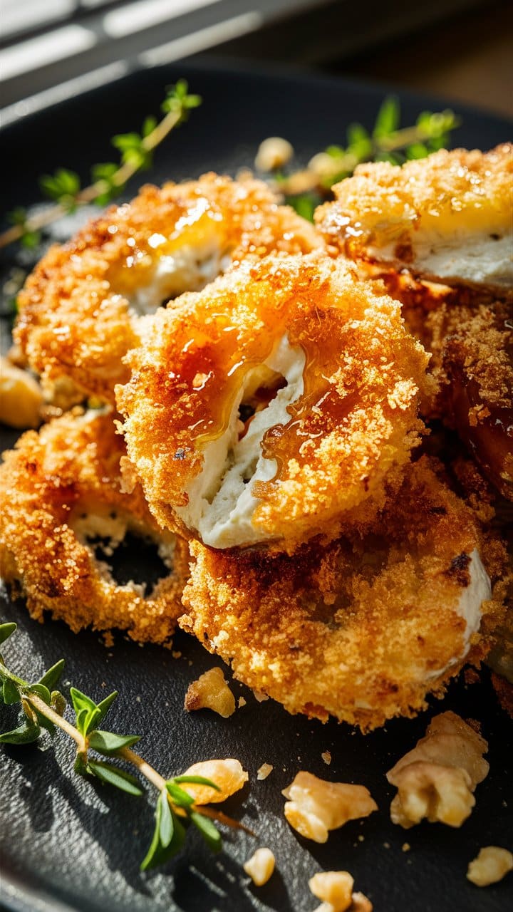 Chèvre pané au miel avec noix et herbes.