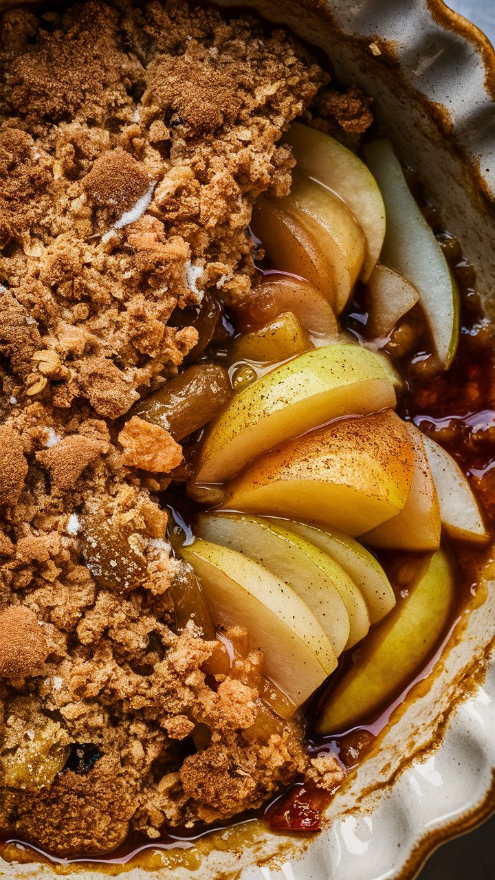 Crumble aux pommes dorées dans un plat.