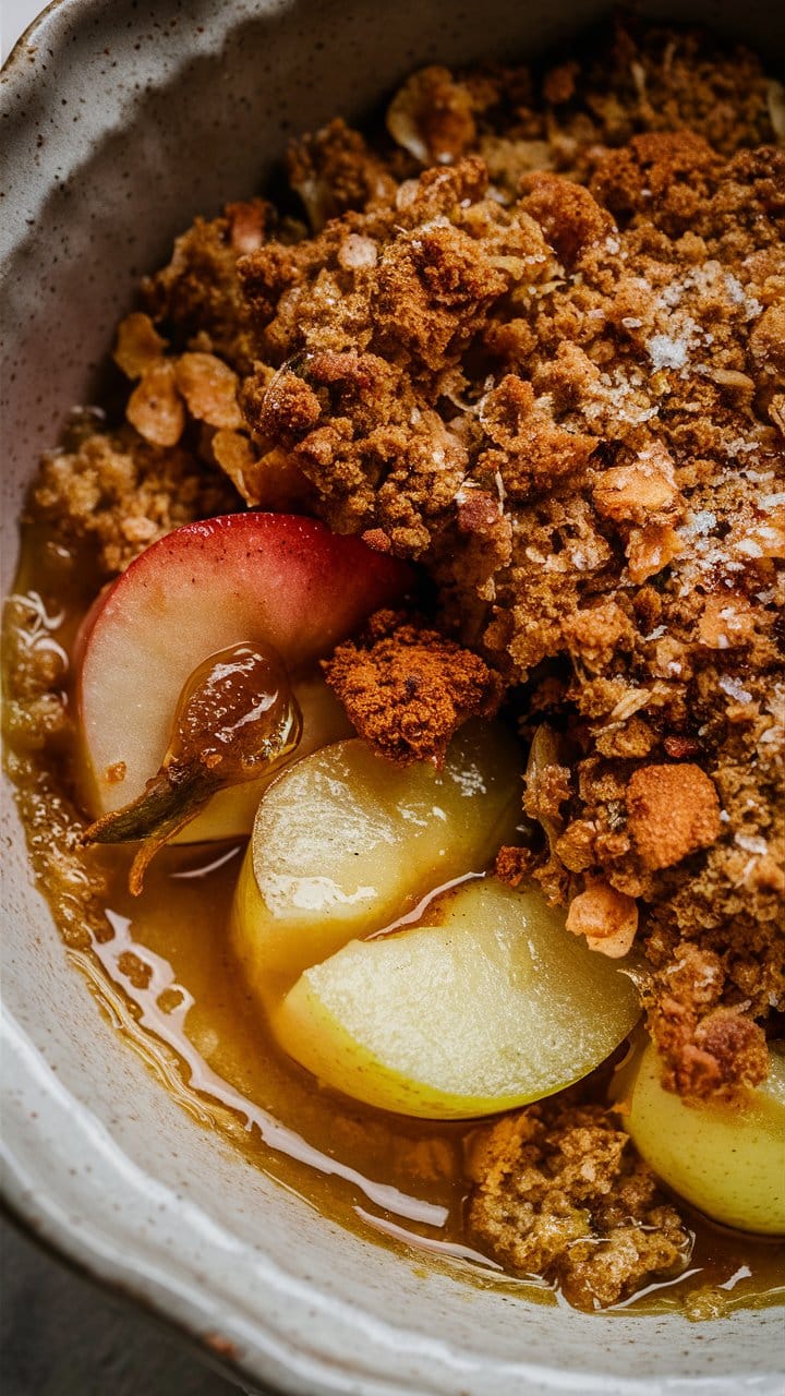 Crumble aux pommes caramélisées dans un bol.