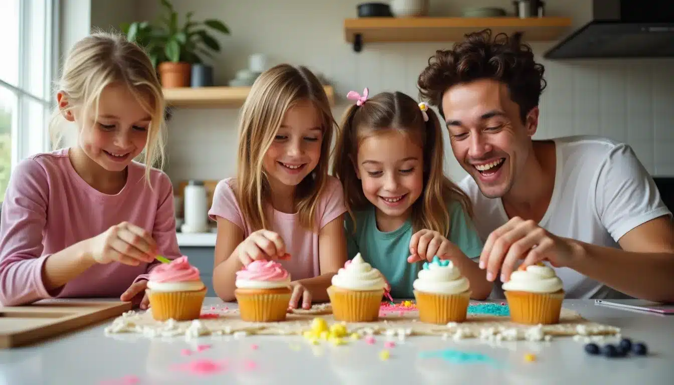 Enfants décorant des cupcakes avec un adulte souriant.