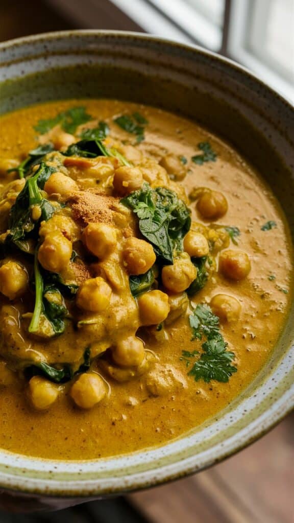 Curry de pois chiches et épinards dans un bol.