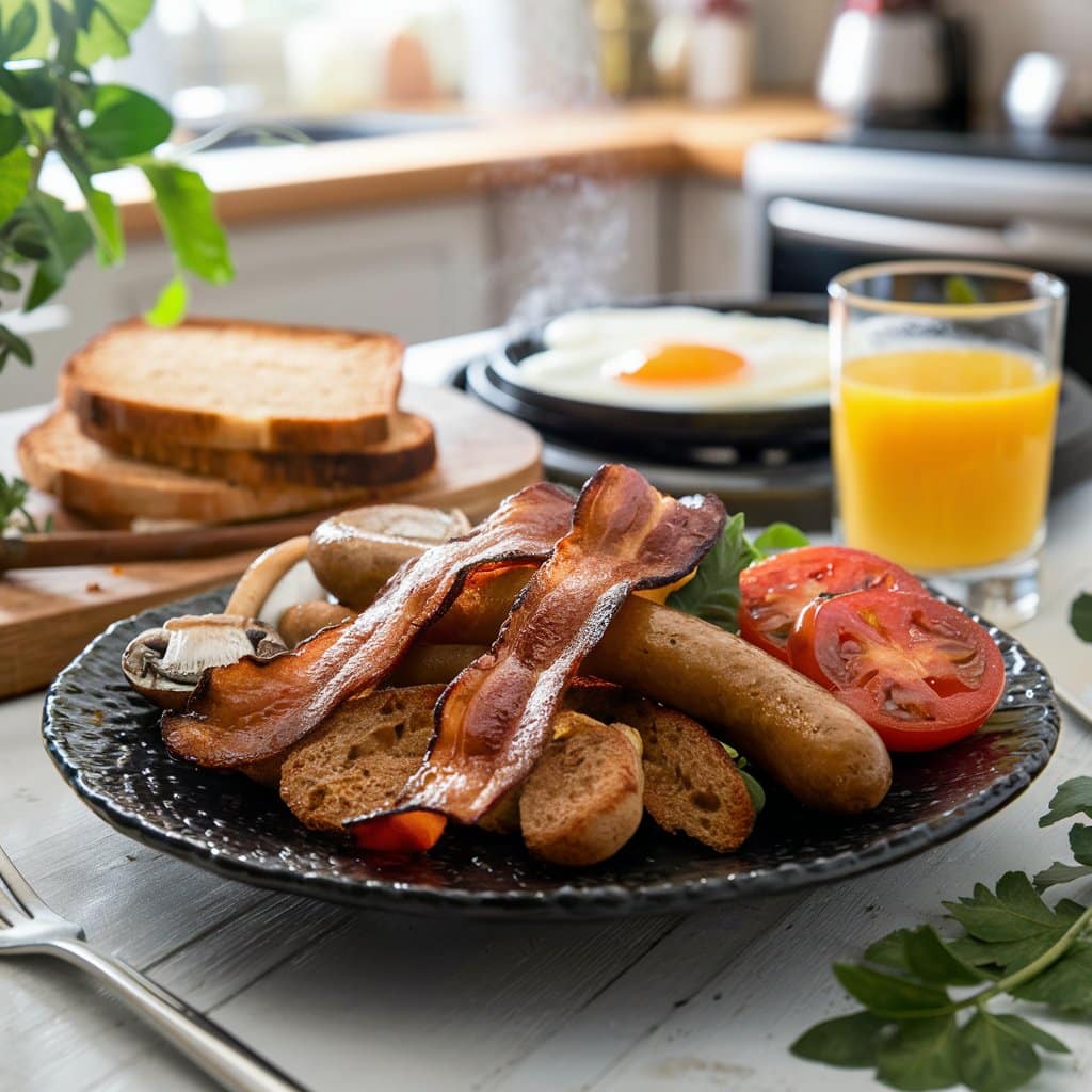 Petit-déjeuner avec bacon, saucisses, œufs et jus d'orange.