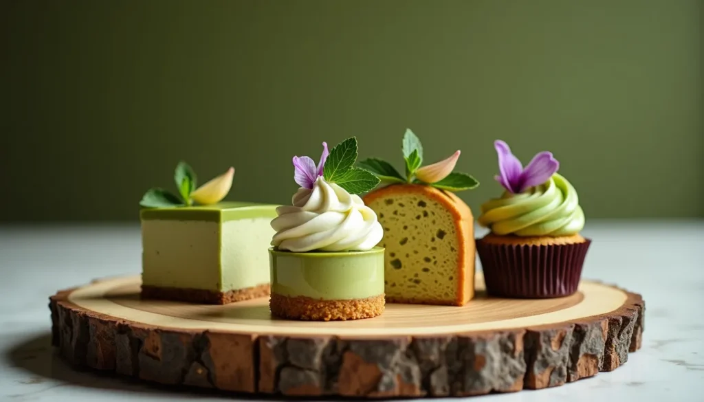 Desserts au thé matcha sur plateau en bois.