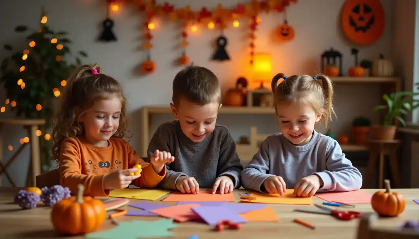 Enfants fabriquent des décorations d'Halloween.