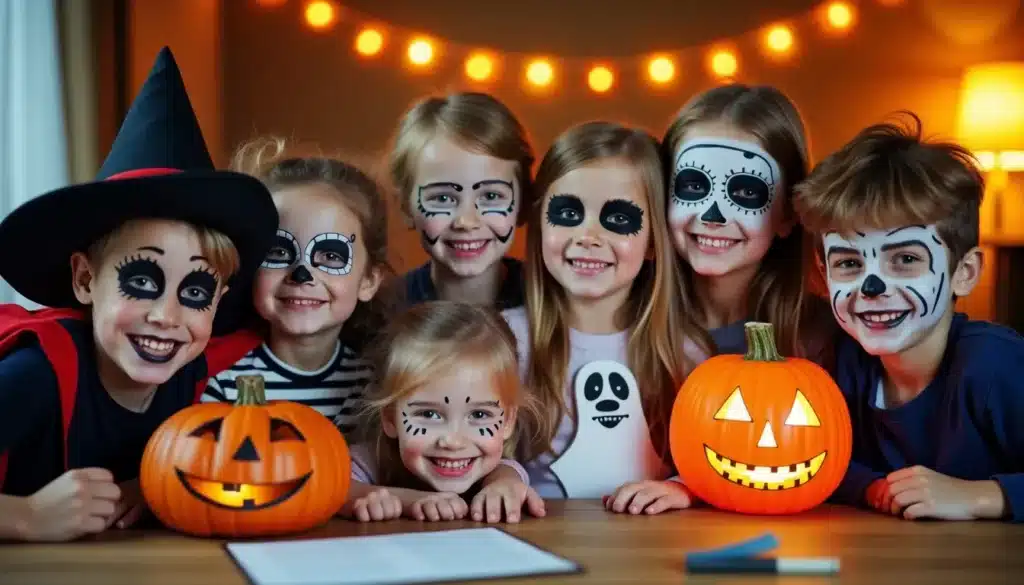 Enfants déguisés pour Halloween avec citrouilles sculptées.