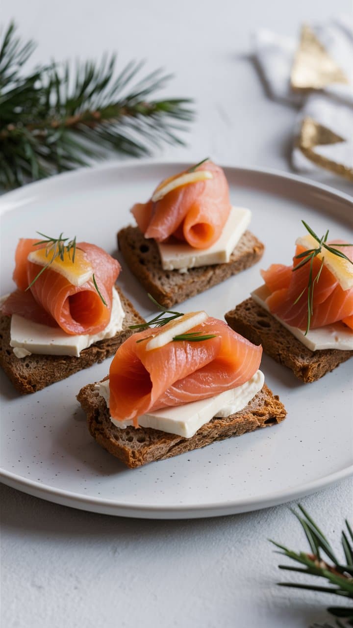 Canapés saumon fumé et fromage sur assiette blanche.
