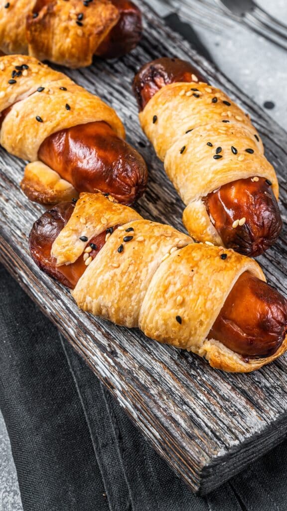 Saucisses feuilletées avec graines noires sur planche bois.