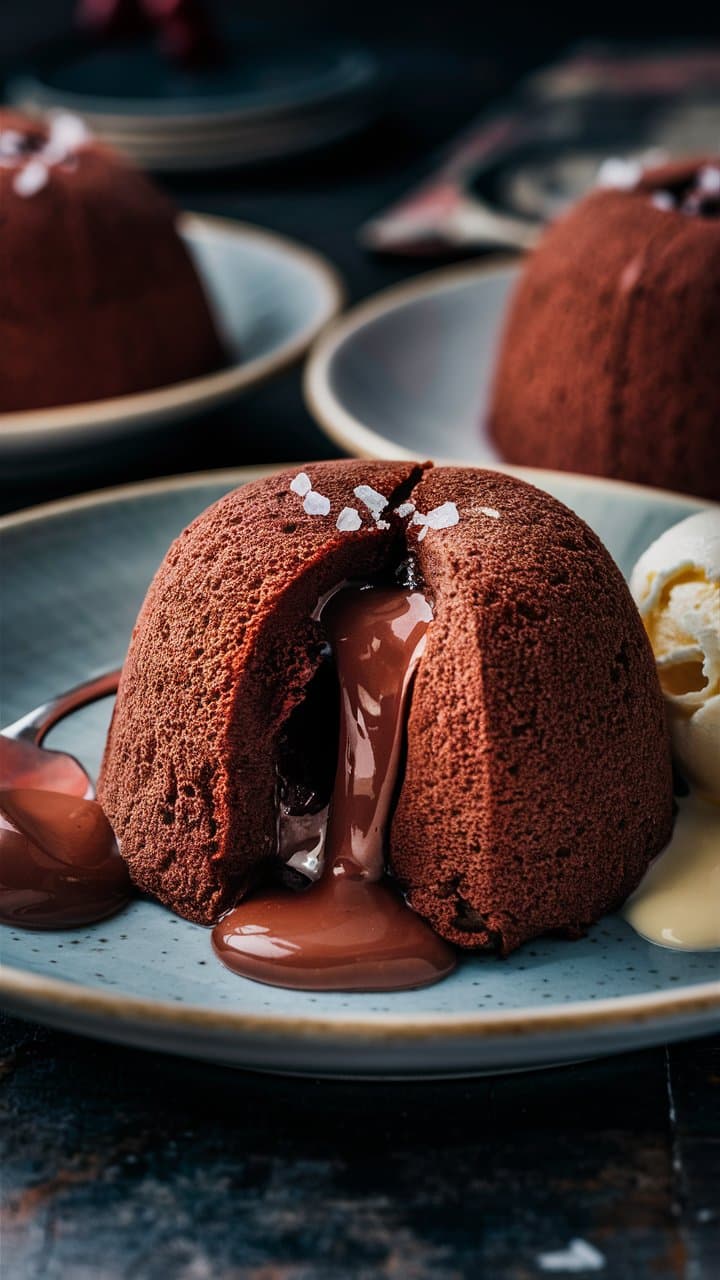 Fondant au chocolat coulant sur assiette.