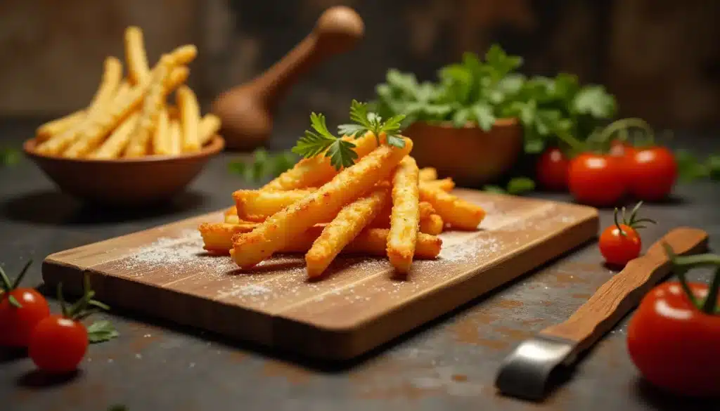 Frites croustillantes sur planche avec tomates cerises.