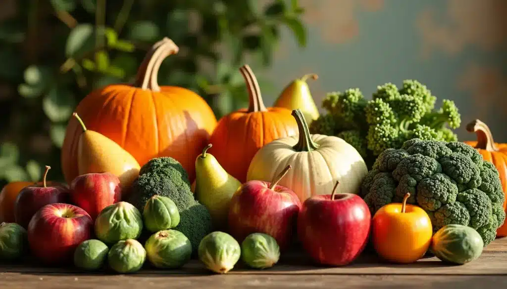 Fruits et légumes variés sur une table.