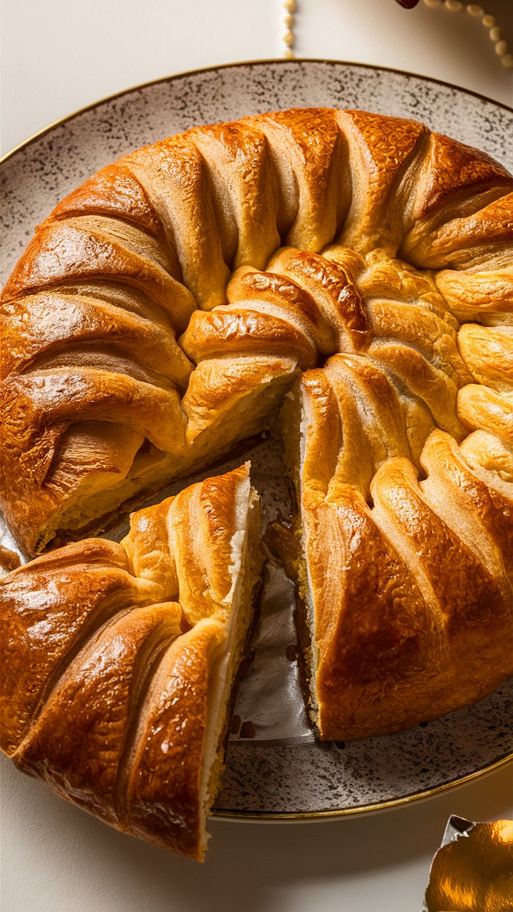 Gâteau coupé en tranches sur une assiette décorée.