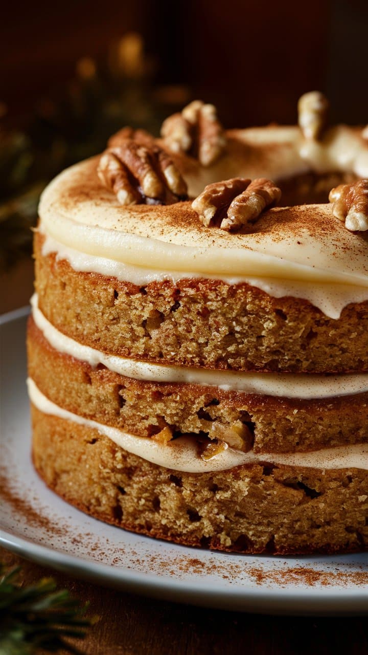 Gâteau aux noix et crème sur assiette blanche.
