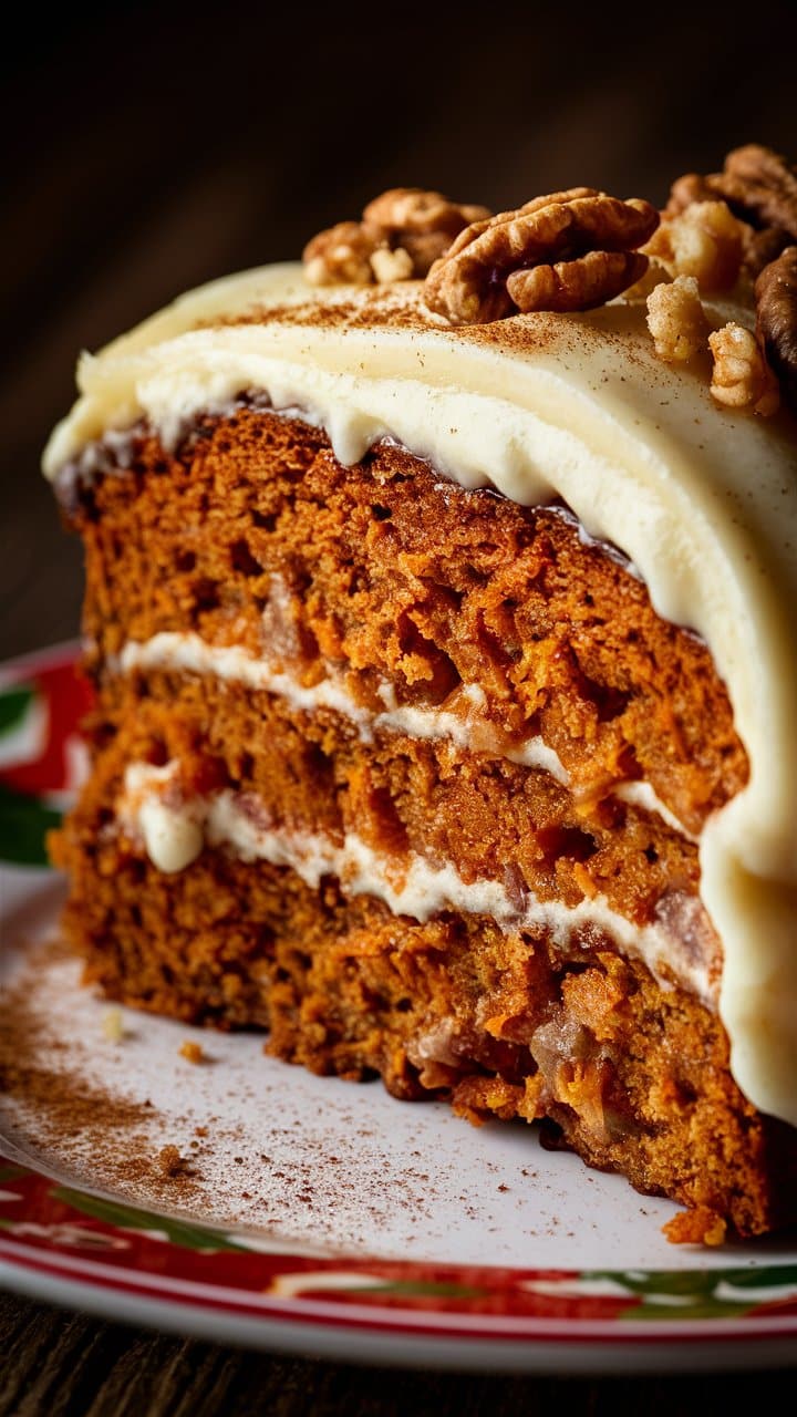 Gâteau aux carottes avec glaçage et noix.