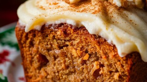 Gâteau aux carottes avec glaçage et noix dessus.