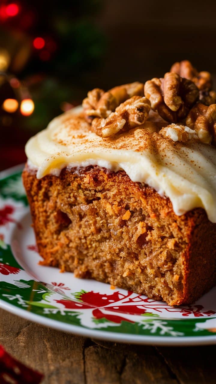 Gâteau aux carottes avec glaçage et noix dessus.