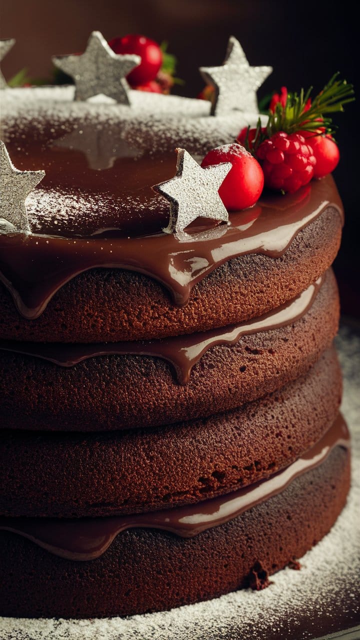 Gâteau chocolat décoré fruits rouges et étoiles argentées.