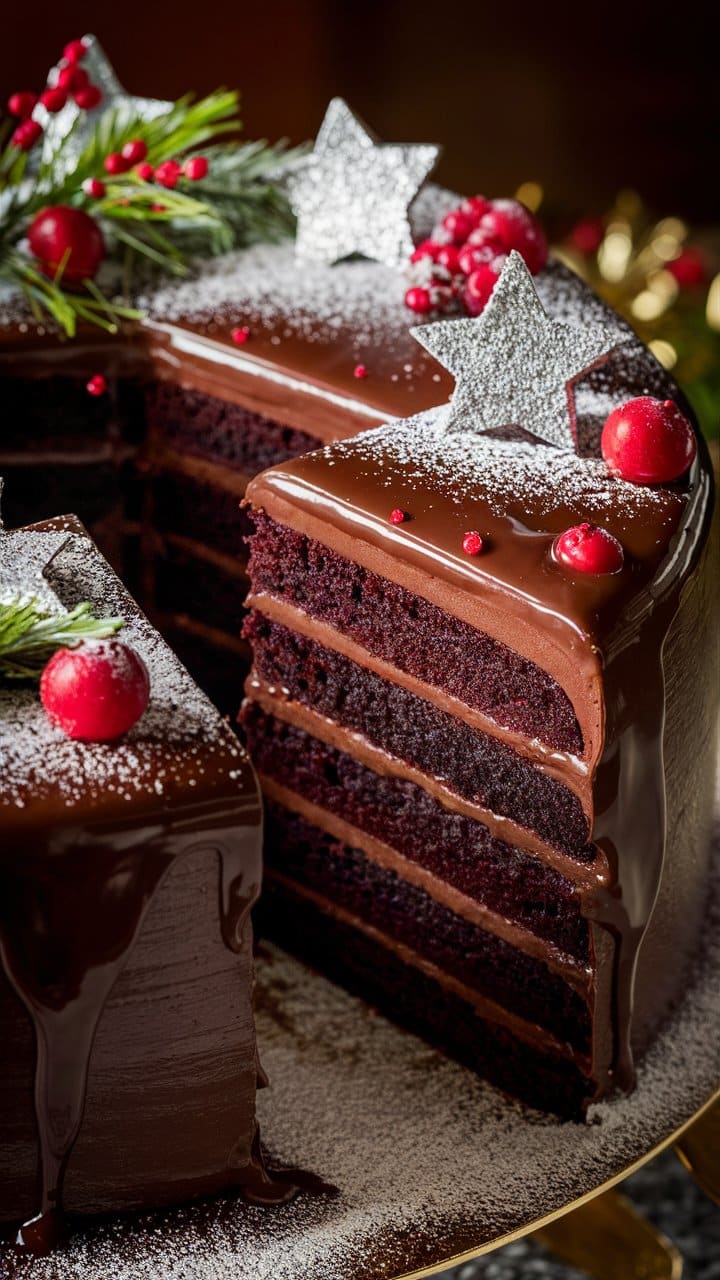 Gâteau au chocolat avec décorations de Noël et fruits rouges.