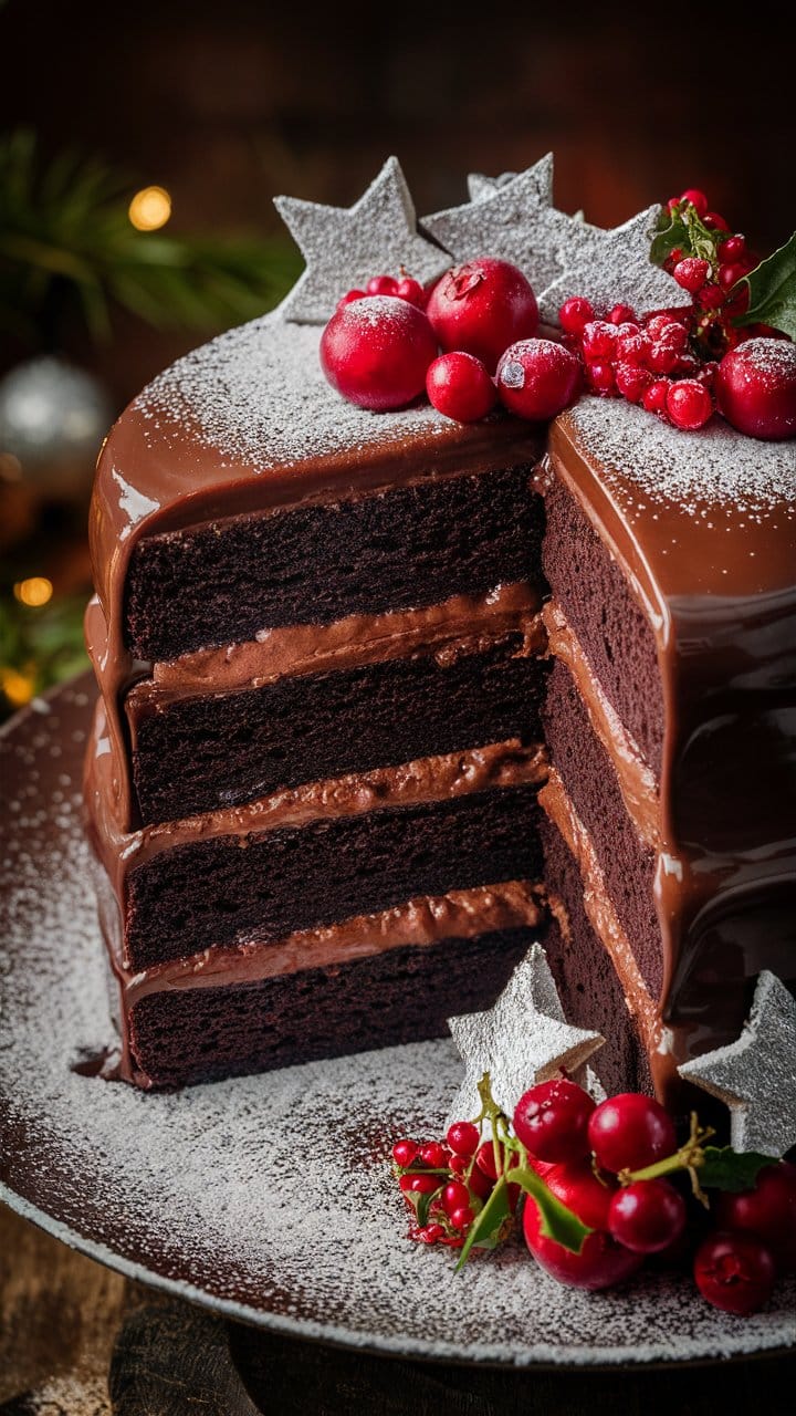 Gâteau au chocolat avec fruits rouges et décoration.