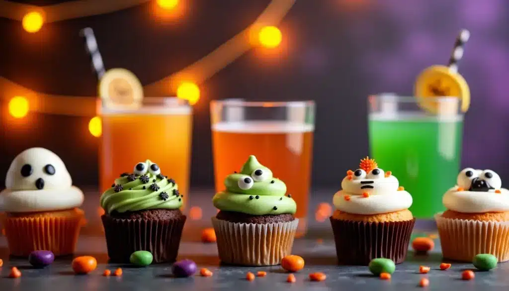 Cupcakes d'Halloween et boissons colorées festives.