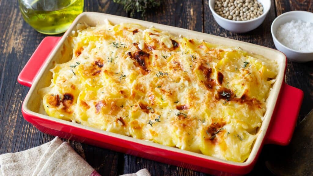 Gratin dauphinois doré dans un plat rouge.