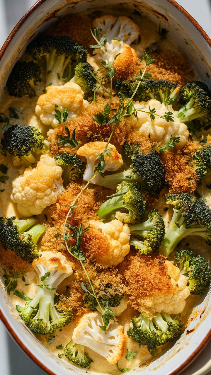 Gratin de brocoli et chou-fleur avec herbes.