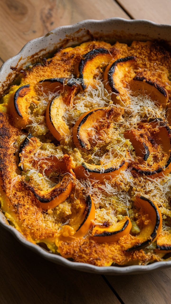 Gratin de courge avec fromage râpé doré.