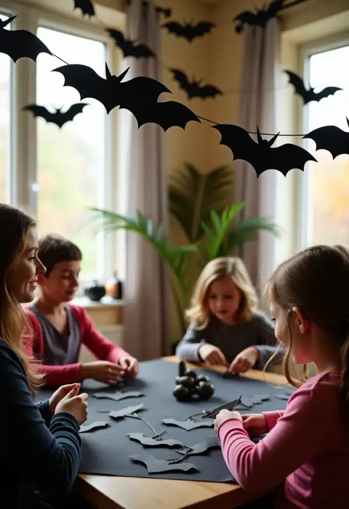 Enfants découpant des chauves-souris en papier pour Halloween.