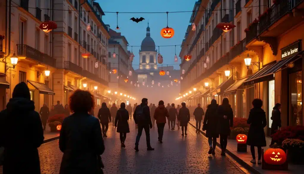 Rue décorée pour Halloween au crépuscule, citrouilles lumineuses.