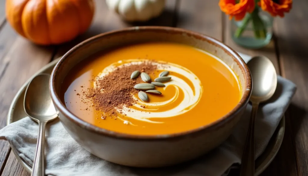 Soupe à la citrouille avec graines et cannelle.