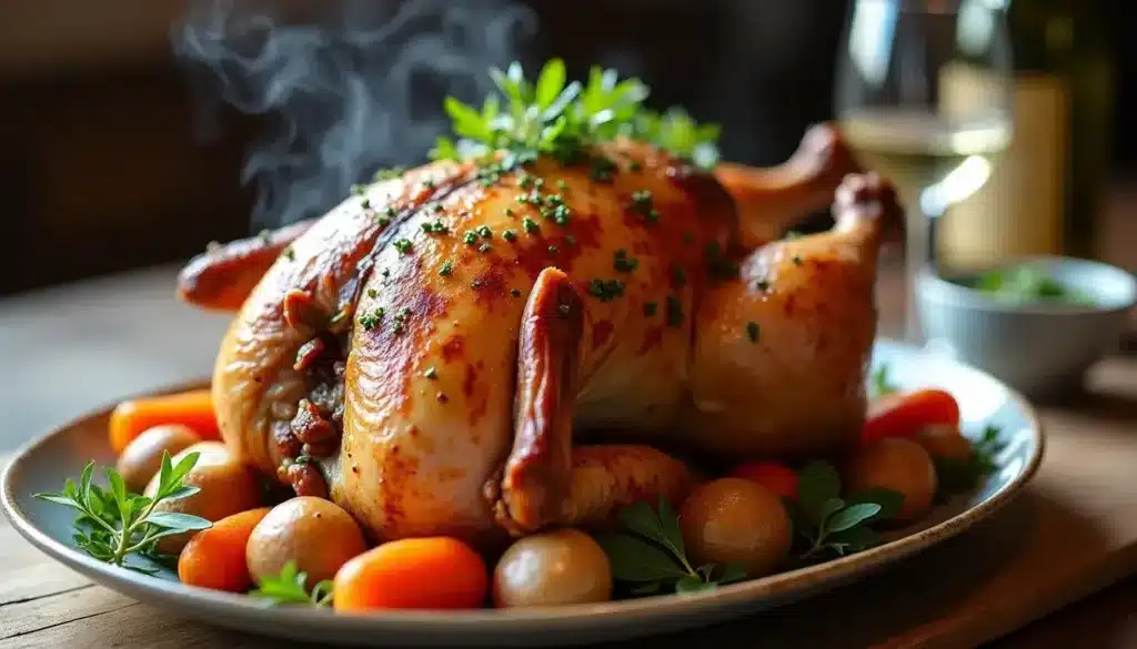 Poulet rôti sur un plat garni de légumes.