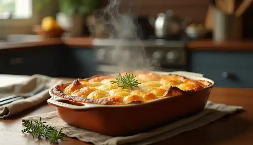 Gratin doré fumant dans plat en terre cuite.