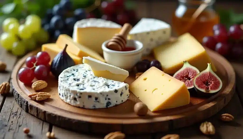 Plateau de fromages avec figues et raisins